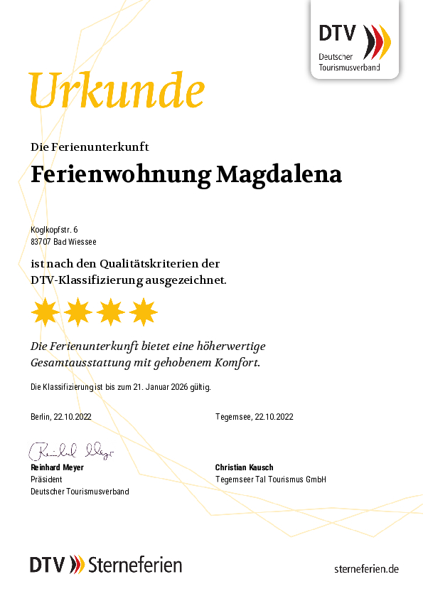 Urkunde DTV Ferienwohnung Magdalena