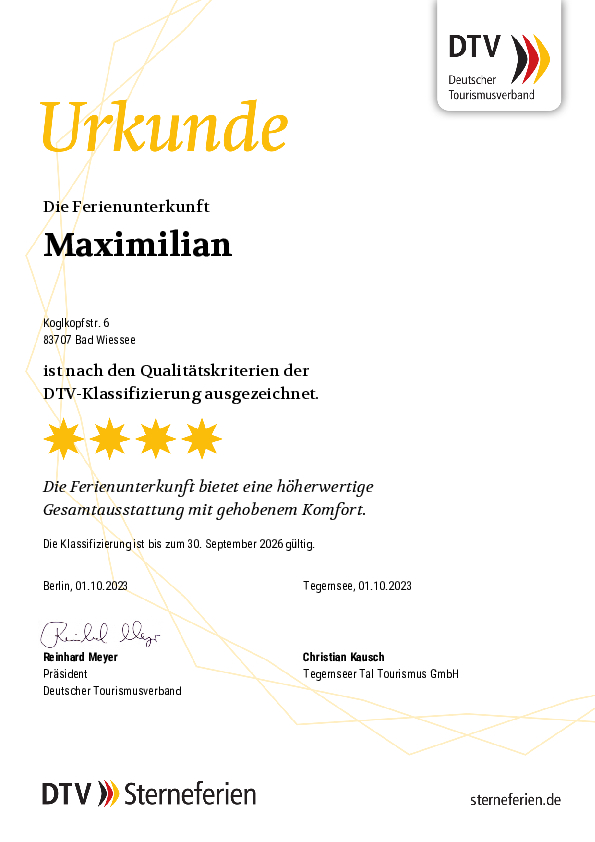 Urkunde DTV Ferienwohnung Maximilian